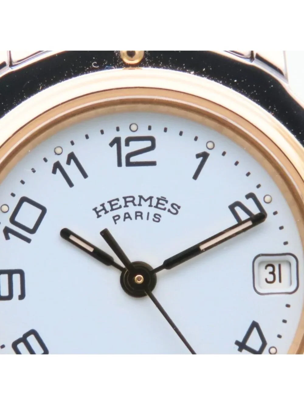 Hermes Watch Clipper Stainless Steel Silver Gold Dial White Plated SS